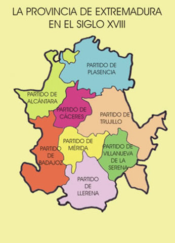 en 1785 cuando por Real Orden de 22 de marzo se conforme formalmente la provincia de Extremadura con 8 partidos o subdelegaciones de rentas.