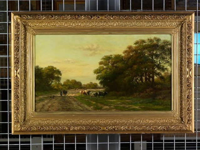 Drents landschap met koeien en boerin en hond.