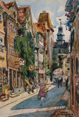 Aquarel met voorstelling van een straatje in Rothenburg (Duitsland).