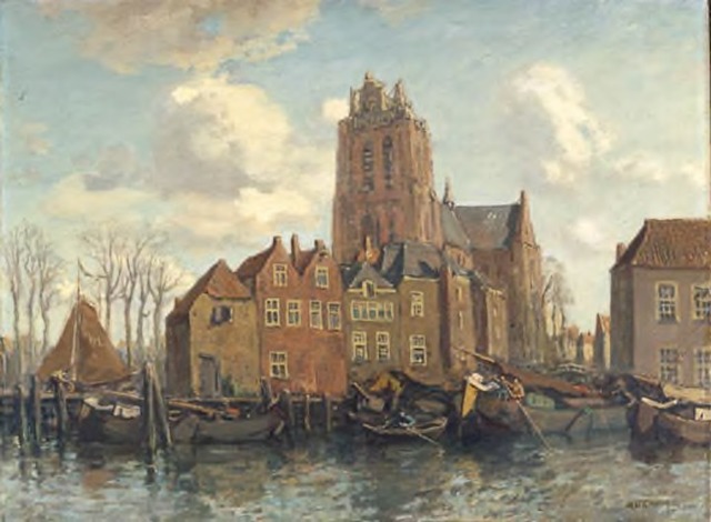 Schilderij met voorstelling van Dordrecht, met in het midden Grote Kerk van Dordrecht, hiervoor in de haven zijn boten afgemeerd