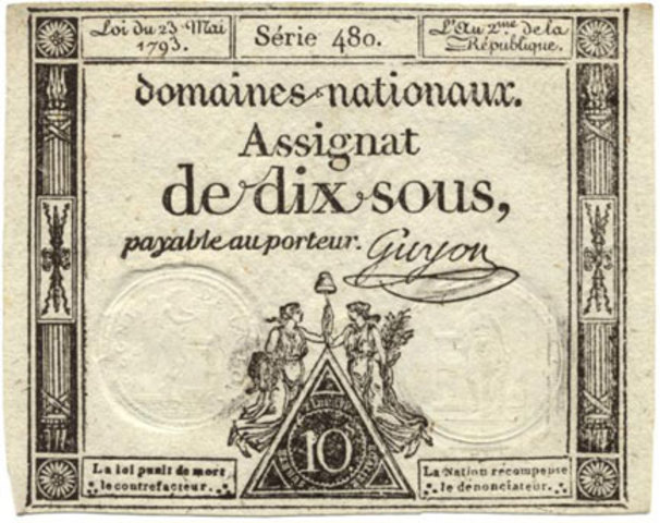 Introducción de los Assignats como papel moneda.