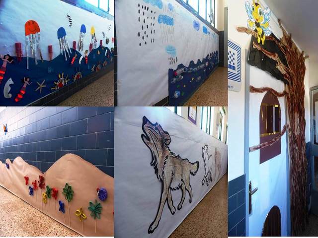 Decoración del centro con elementos reciclados con temática medioambiental.