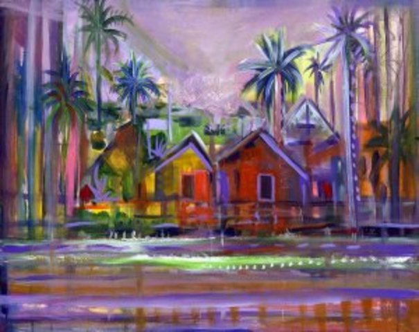 Paisaje de casitas y palmeras