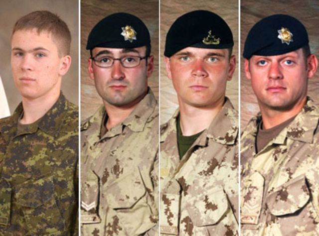 Four soldiers, part of Canada’s contribution to the war on terrorism after the Sept. 11, attacks on the United States, are killed when a U.S. fighter jet mistakenly bombs them in Afghan. They are the first soldiers killed in combat since the Korean War.