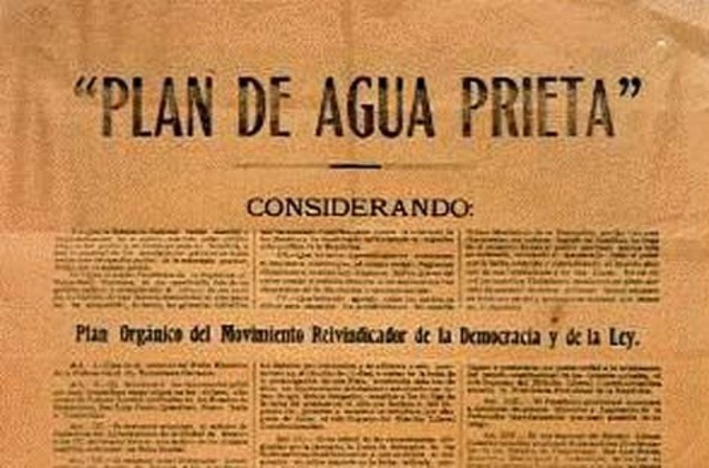 Obregón publica el plan de agua prieta donde desconoce a Carranza