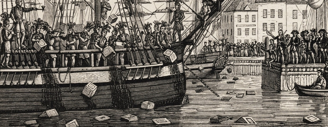 Bostonian colonists protest the Tea Act with the Boston Tea Party