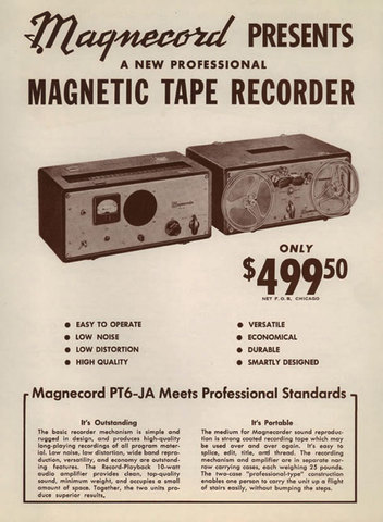 Magnecord introduces its PT-6, the first tape recorder in portable cases.