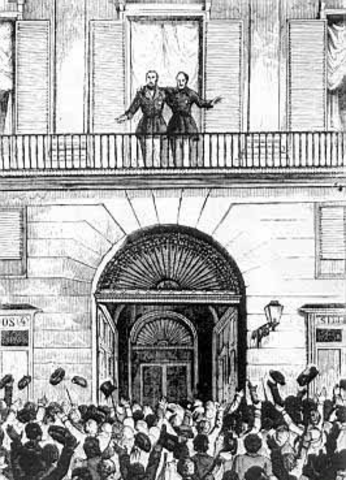 La vicalvarada: Manifiesto de Manzanares. Caída del régimen moderado.                            O'Donell y Espartero acalamados en Madrid el 29 de Julio de 1854.