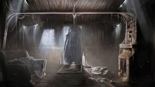 Hagrid appears at the hut on the rocks