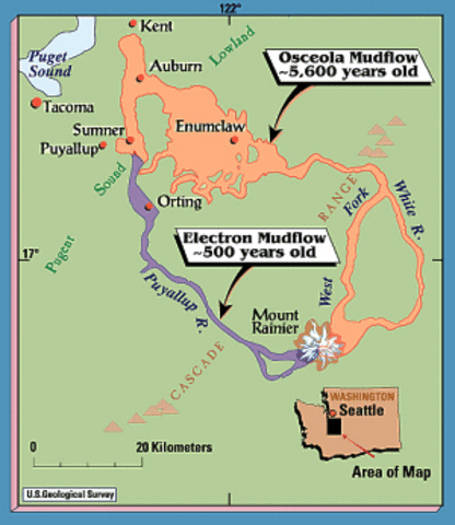 The Osceola mudflow from Mount Ranier covering an area from Rainier to Puget Sound.