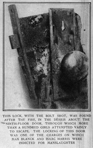 “Blanck and Harris are found guilty of locking fire exit doors against workers in their new factory. Blanck is fined $25 and the chief justice apologizes for having to enforce the fine.” -trianglefromthefire.com