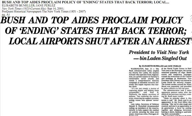 AFTER THE ATTACKS: THE AIRPORTS; BUSH AND TOP AIDES PROCLAIM POLICY OF 'ENDING' STATES THAT BACK TERROR; LOCAL AIRPORTS SHUT AFTER AN ARREST
