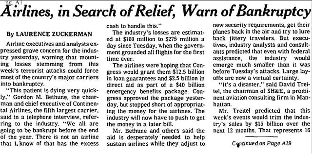FINANCIAL STRUGGLE; Airlines, in Search of Relief, Warn of Bankruptcy