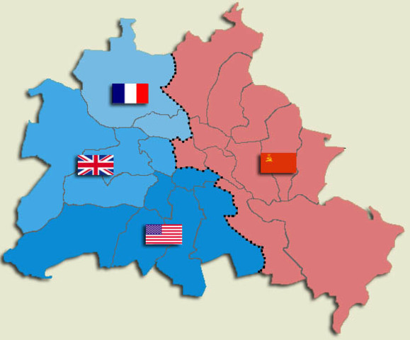 United States, France, Britain and the Soviet Union occupy zones of Berlin.