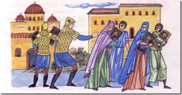 Αρχή της εικονομαχίας και κατέβασμα της εικόνας του Χριστού απο την Χαλκή Πύλη.