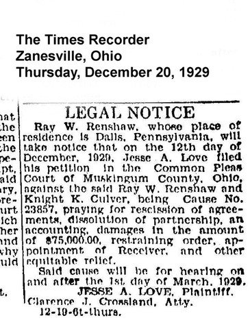 Jesse A. Love files petition against Ray Renshaw and Knight Culver