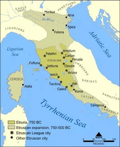 Beginning of the Etruscan civilization in Italy.