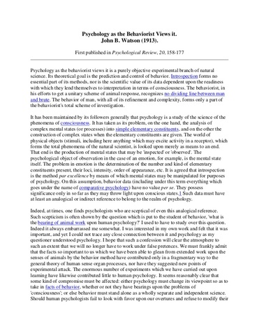 Psychology as the behaviorist views it, articulo publicado por Watson