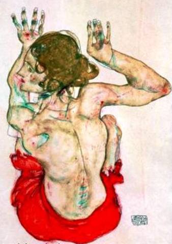 Schiele: Nudo femminile seduto di schiena con drappo