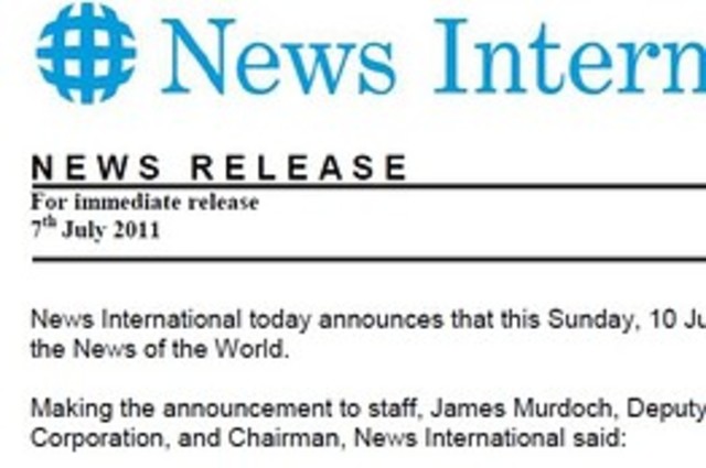 News Corporation announces it will close down the News of the World. The July 10 edition was the last.