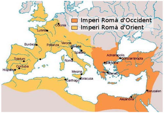 L'Imperi Romà d'Occident i l'Imperi Romà d'Orient.