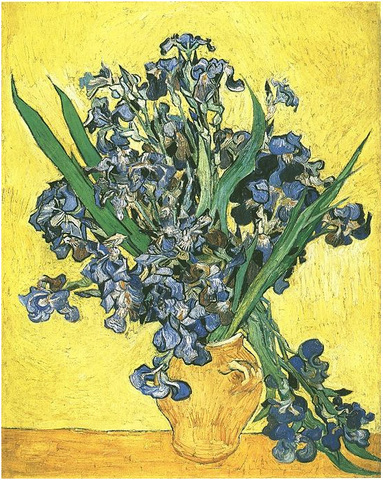 Vase with Irises Against a Yellow Background