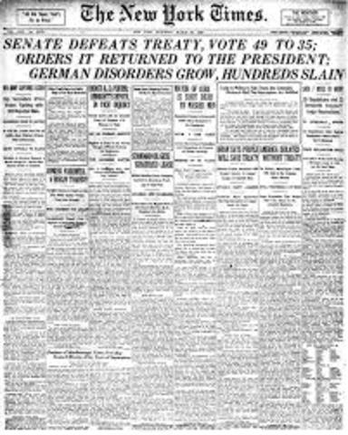 US Senate rejects Treaty of Versailles