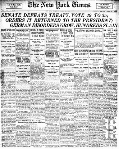 US Senate rejects Treaty of Versailles