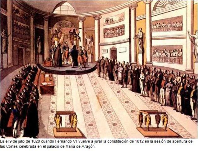 Pronunciamento de Riego. Fernando VII xura a Constitución de 1812