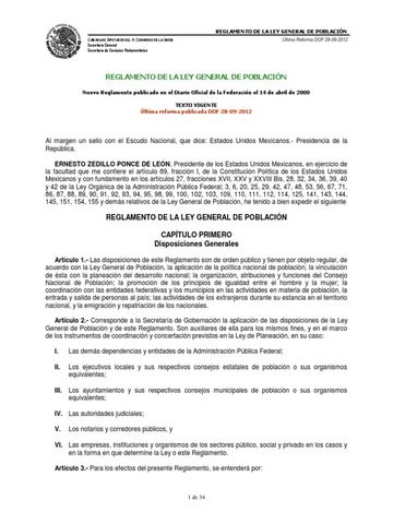 REGLAMENTO DE LA LEY GENERAL DE POBLACIÓN
