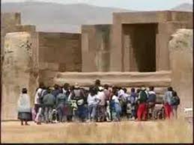 Monolithic stone architecture at Tiwanaku by Lake Titicaca in Bolivia.