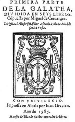 Realiza un contrato. Publica la Galatea. Muere su padre.