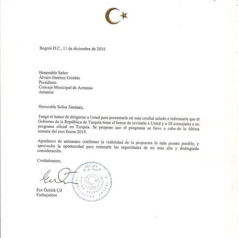 Carta de invitación de la embajada de Turquía al Presidente del Concejo Municipal