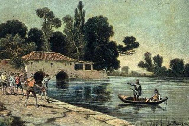 El duque y la duquesa de la ribera del Ebro reciben a Sancho y a Don Quijote en su palacio