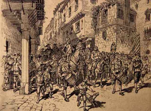 Durante su trayecto a Barcelona  se encuentran a una cuadrilla de bandoleros liderados por Roque Guinart.