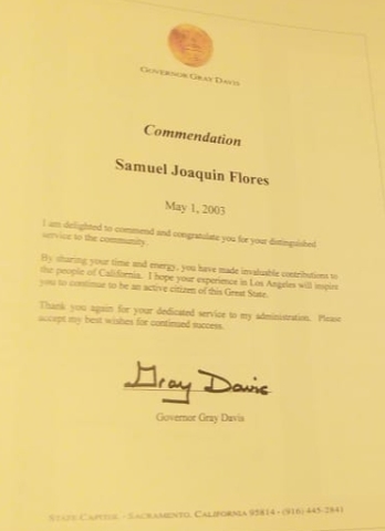 Reconocimiento al Apóstol de Jesucristo Samuel Joaquín Flores de parte del gobierno de California.