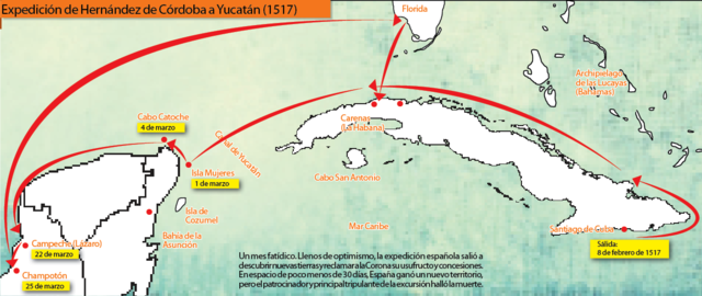 los primeros exploradores españoles desembarcan en la villa maya de Can-Pech o Ah Kin Pech que significaba en maya "Lugar del Senor Sol Gatarra"