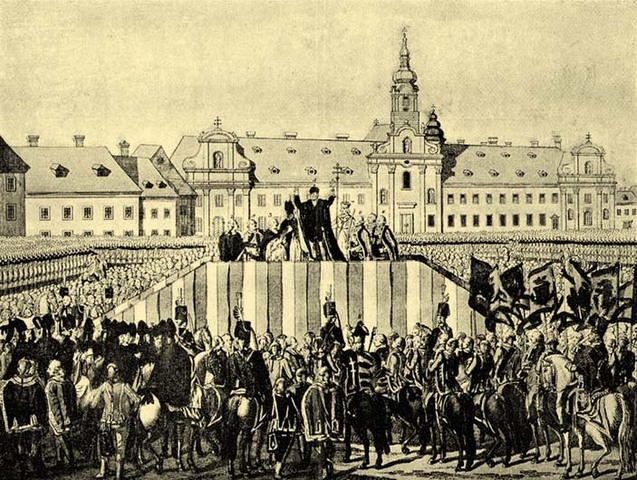 Mirabeau tanácsára XVI. Lajos esküt tesz az alkotmányozó nemzetgyűlésben az új rend tiszteletben tartására és a szabadság védelmére.