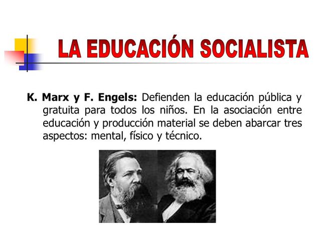 Marx y Engels, en su Manifiesto de partido comunista, defienden la educación pública y gratuita para todos los niños, basada en ciertos principios.