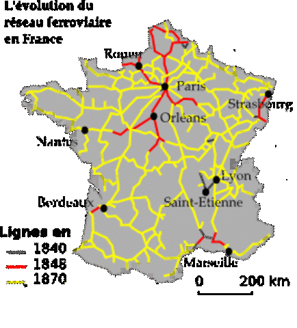 Carte des chemins en fer en 1870