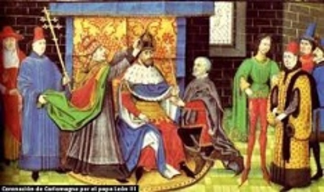 El Papa Leon III corona a Carlo Magno, el nuevo imperio cuenta con un poder político y religioso que aboga por extender la cultura y expandir el cristianismo