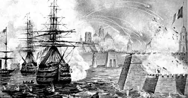 La flota naval francesa ataca el fuerte de San Juan de Ulúa