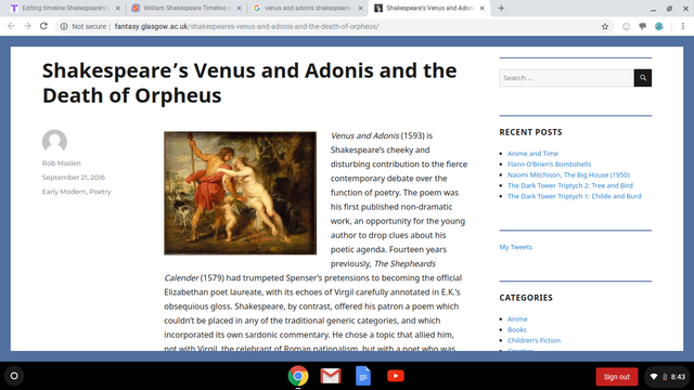 Shakespeare writes Venus and Adonis