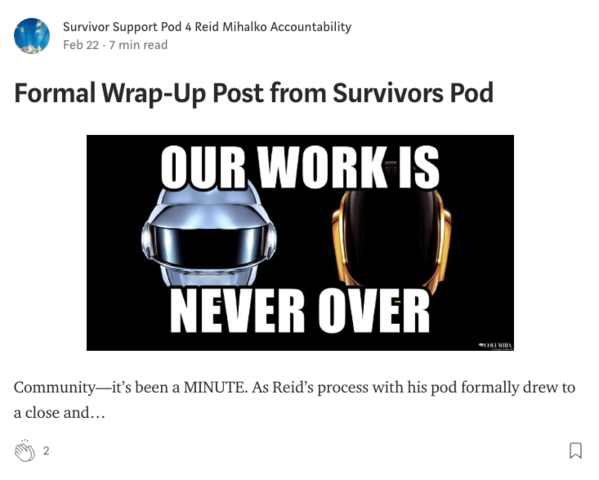 Survivor Support Pod posts Formal Wrap-Up Post from Survivors Pod on Medium