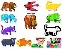 children see a brown bear, yellow duck, blue horse, green frog, purple cat, white dog, black sheep, goldfish, and a teacher
