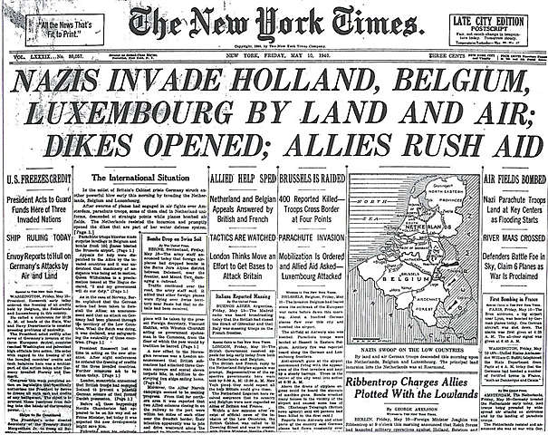 Germany invades France, Belgium, Netherlands, and Luxembourg