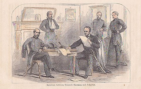 Confederate Gen. Joseph E. Johnston surrenders to Sherman near Durham in North Carolina.