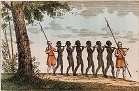 First African slaves arrived in Virginia by Dutch ship. The Africans had been taken from Angola int West Central Afric. These captives were then forced to march 100-200 miles to the major slave-trade of Luanda.