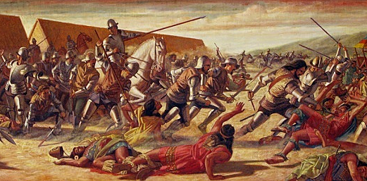 Hernando Cortés, along with other tribes and his conquistadors, defeat the Aztecs.