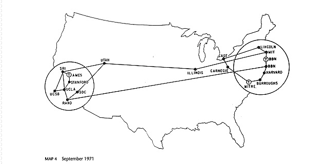 ARPANET estaba compuesta por 15 nodos y 23 maquinas que se unían mediante conmutación de paquetes